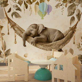 Safari themed nursery with elephant in hammock mural wallpaper by Kids-Mundo