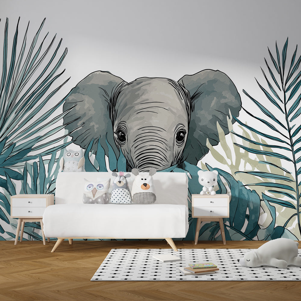 Gentle elephant wallpaper creating serene jungle atmosphere in children's bedroom