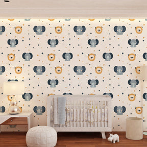 Safari animal wallpaper featuring cute elephants and lions with stars in children's bedroom setting