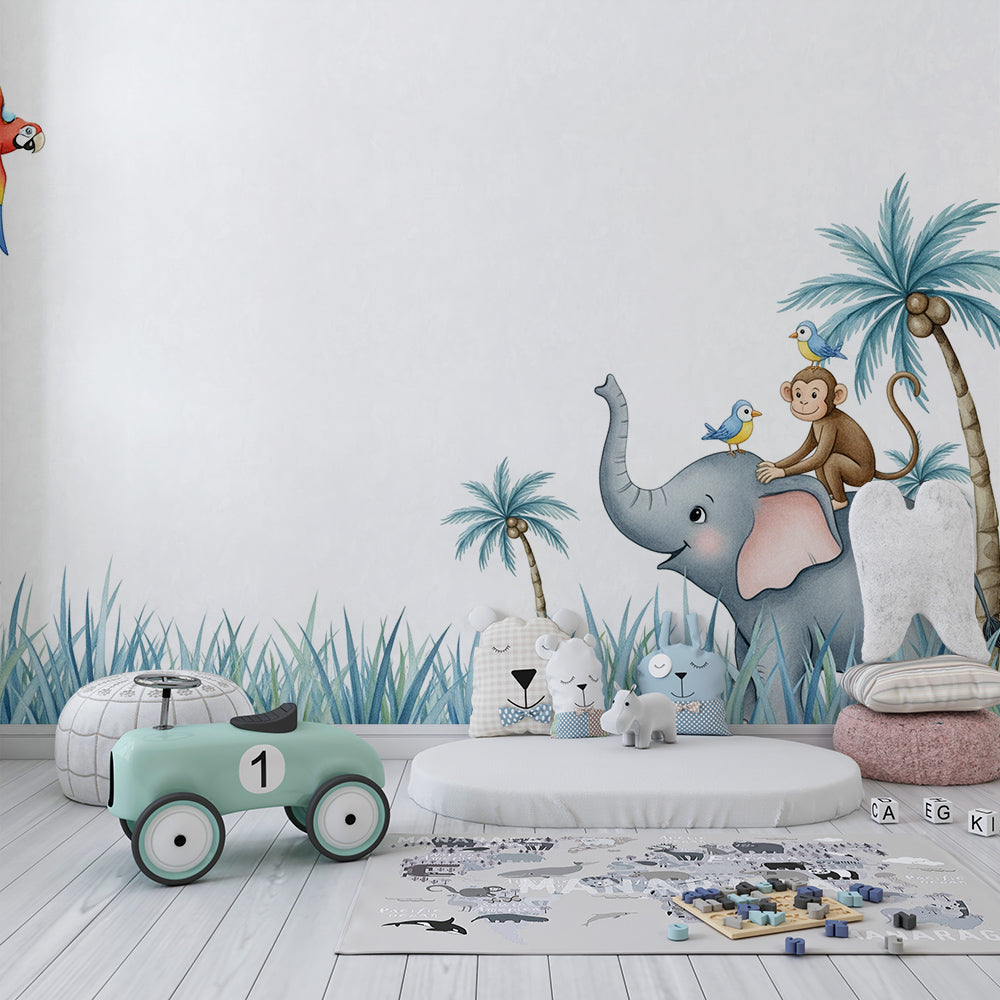 Kids-Mundo jungle wall mural with elephant and monkey shown in a bright kids' bedroom.