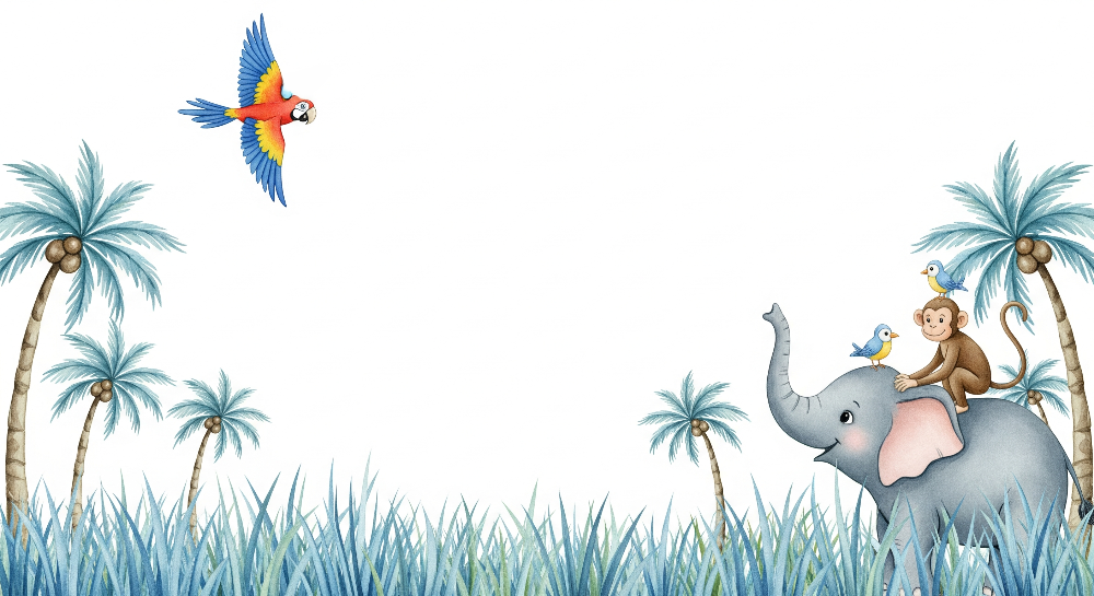 Kids-Mundo flat artwork of an elephant, monkey and macaw among palm trees and grass.