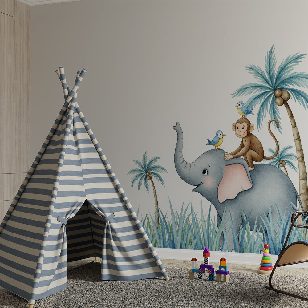 Kids-Mundo elephant and monkey wall mural pictured in a playful children's playroom.