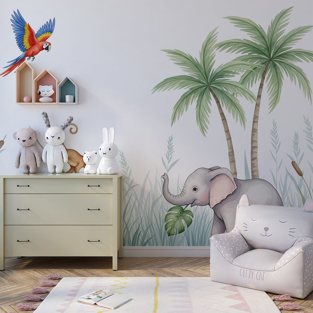 Kids-Mundo jungle animals wall mural with elephant and macaw covering a kids bedroom wall