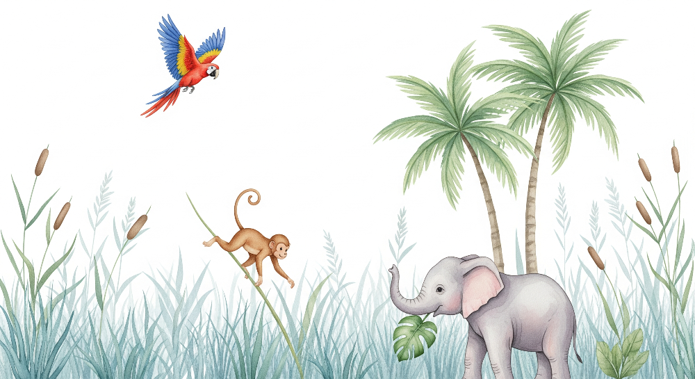 Kids-Mundo flat artwork of an elephant, swinging monkey and flying macaw in a blue-green jungle