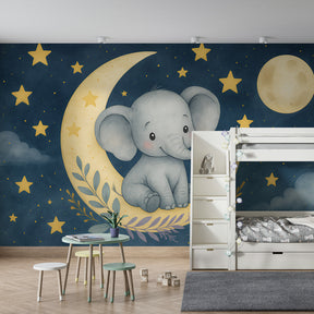 Starry sky elephant wallpaper creating magical atmosphere in modern baby room