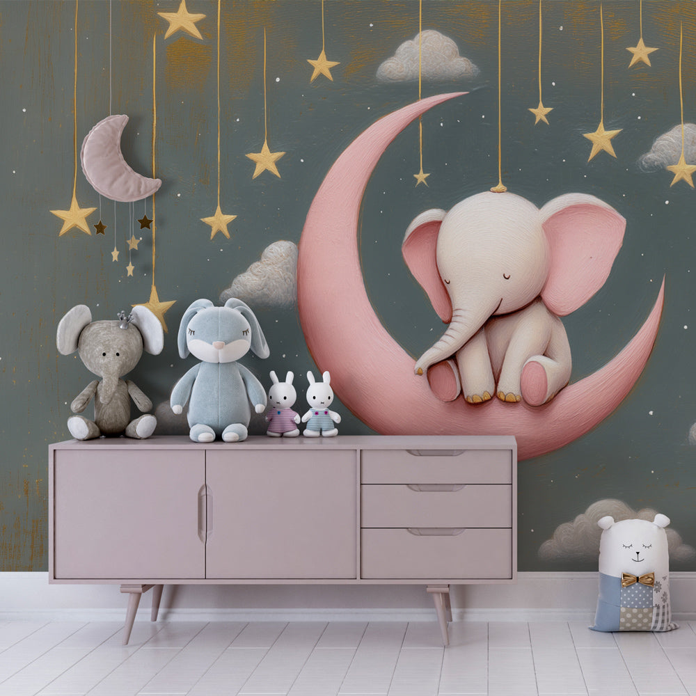 Pink moon elephant wallpaper with golden stars in modern kids bedroom setting
