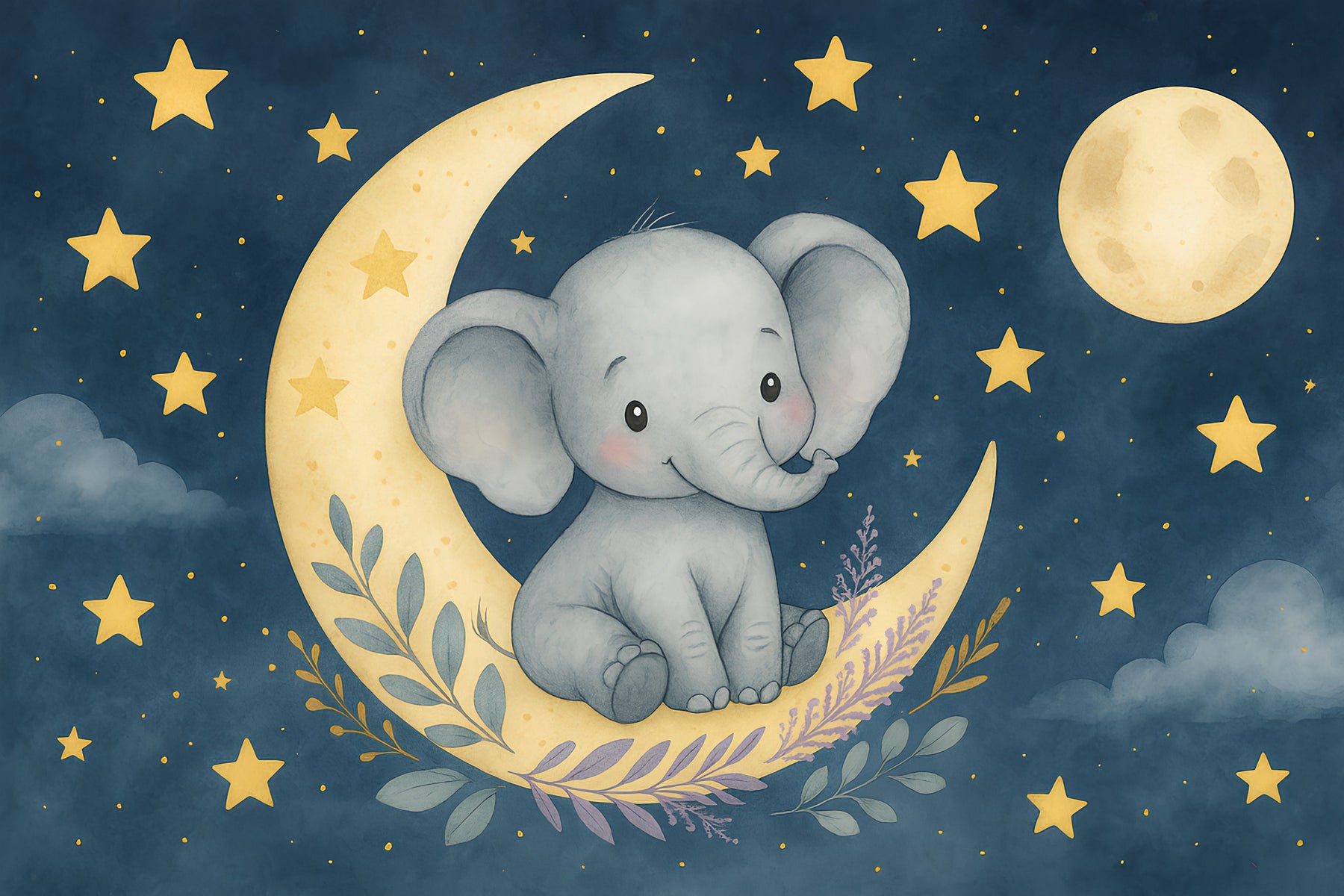Detailed elephant on moon starry night mural wallpaper design pattern by Kids-Mundo