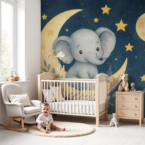 Elephant moon mural wallpaper in soft blue nursery with wooden crib by Kids-Mundo