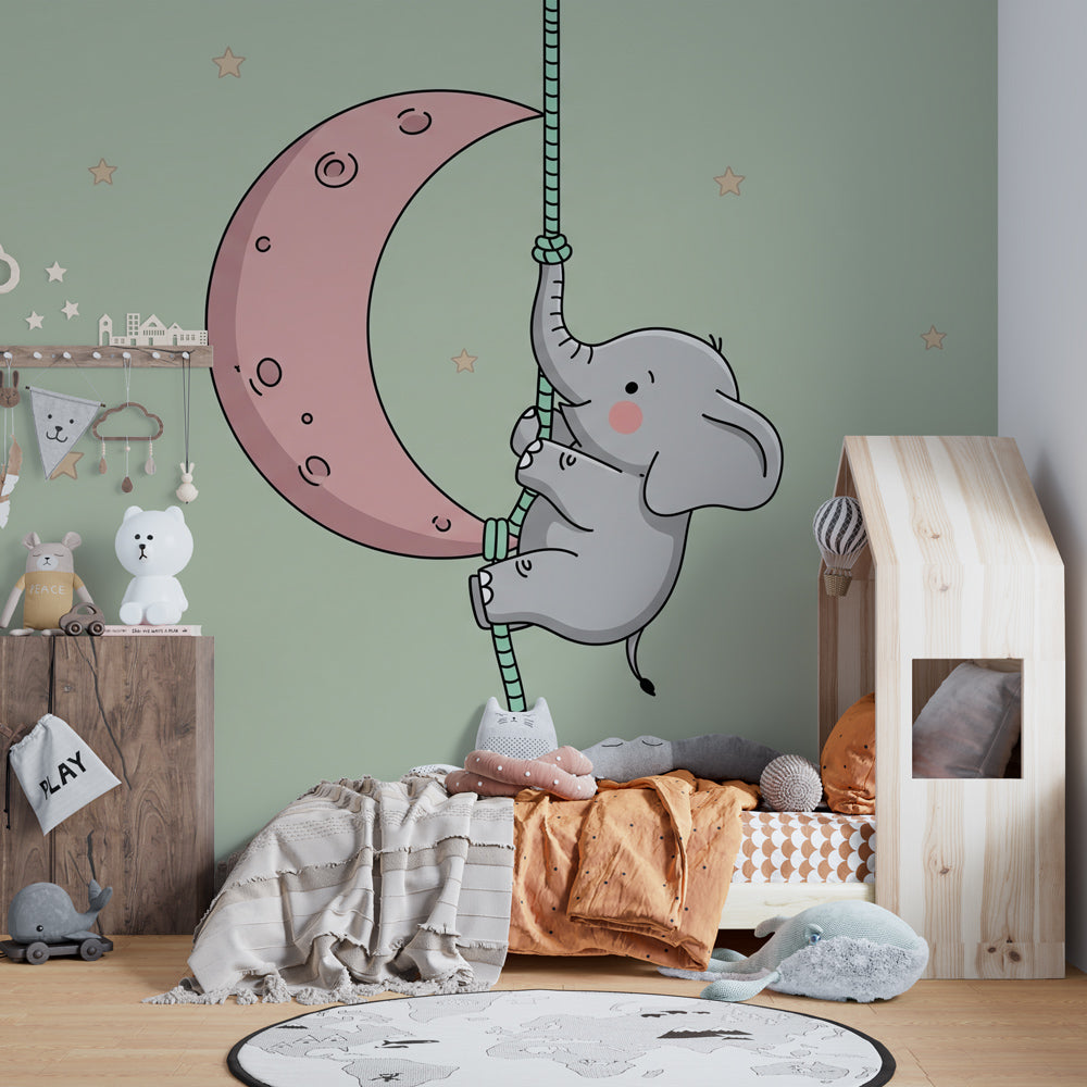 Celestial elephant moon wallpaper with golden stars decorating modern kids playroom