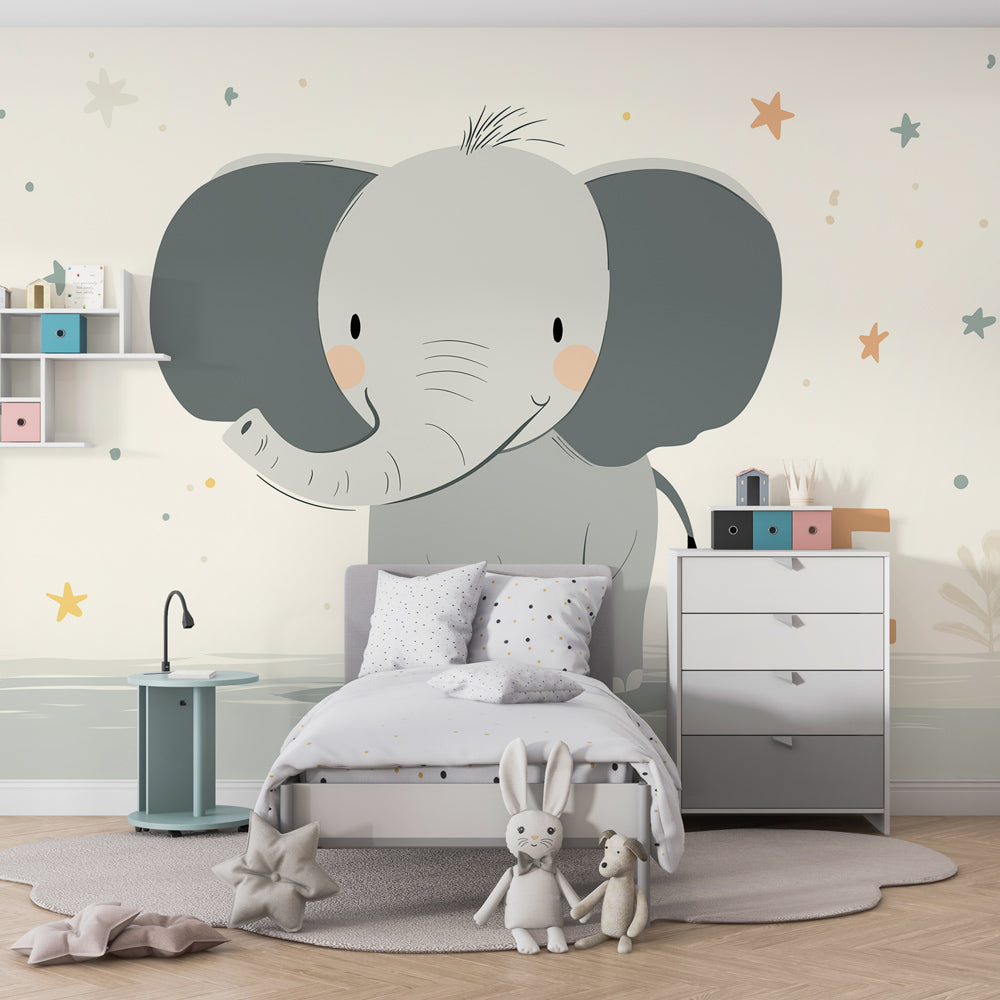 Gentle elephant and stars wallpaper creating peaceful baby room decor atmosphere