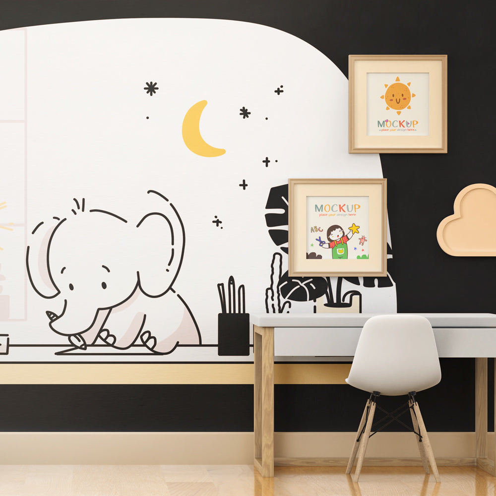 Studious elephant wallpaper in cozy baby room setting with warm lighting and soft decor