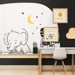 Studious elephant wallpaper in cozy baby room setting with warm lighting and soft decor