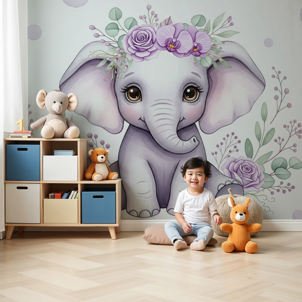 Sweet elephant mural wallpaper with floral crown decorating modern baby nursery by Kids-Mundo