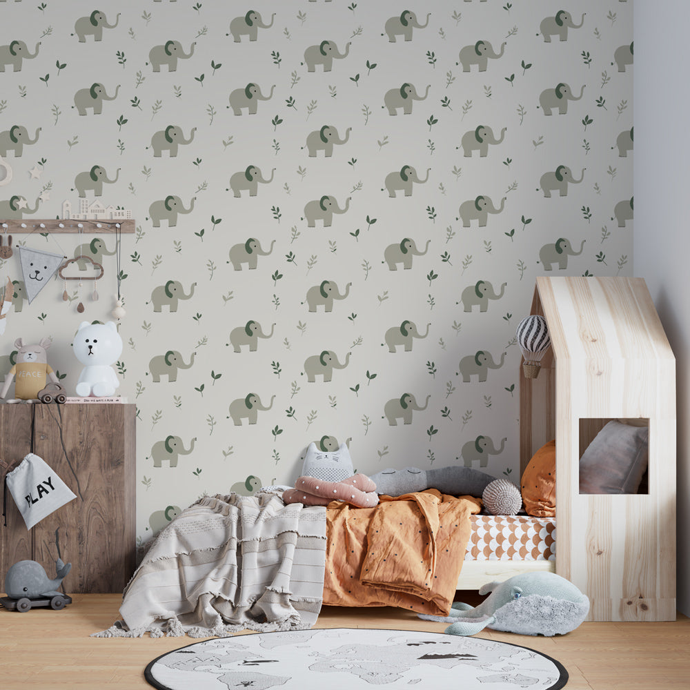 Calming elephant and foliage mural wallpaper for baby room with cream background by Kids-Mundo