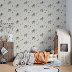 Calming elephant and foliage mural wallpaper for baby room with cream background by Kids-Mundo