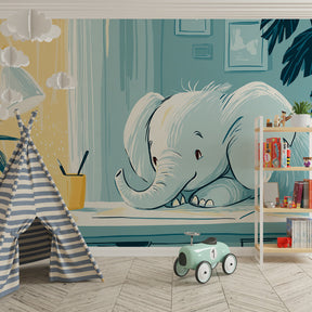 Gentle elephant learning scene mural wallpaper with soft blues and yellows for baby room