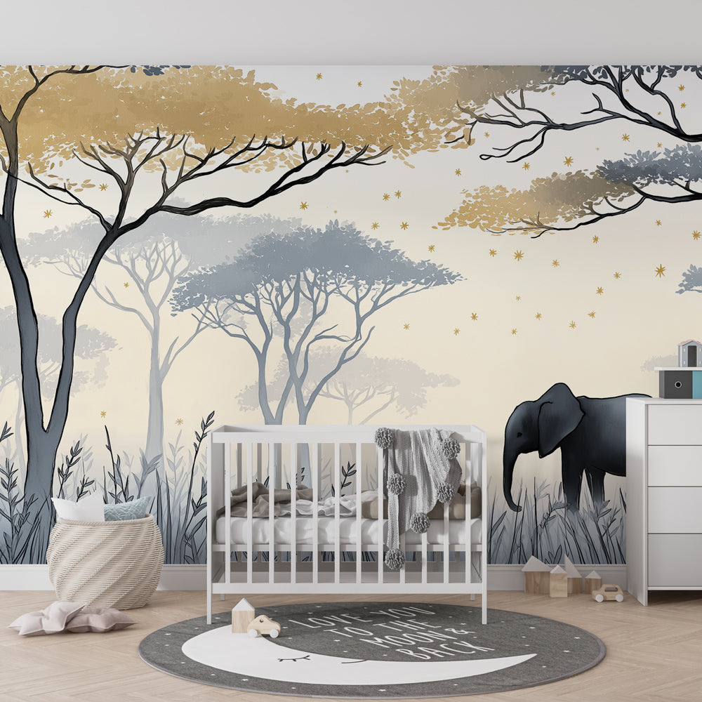 Starry elephant wallpaper in modern kids bedroom with natural wood furniture and soft lighting