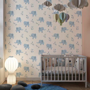 Safari elephant wallpaper creating peaceful atmosphere in children's bedroom