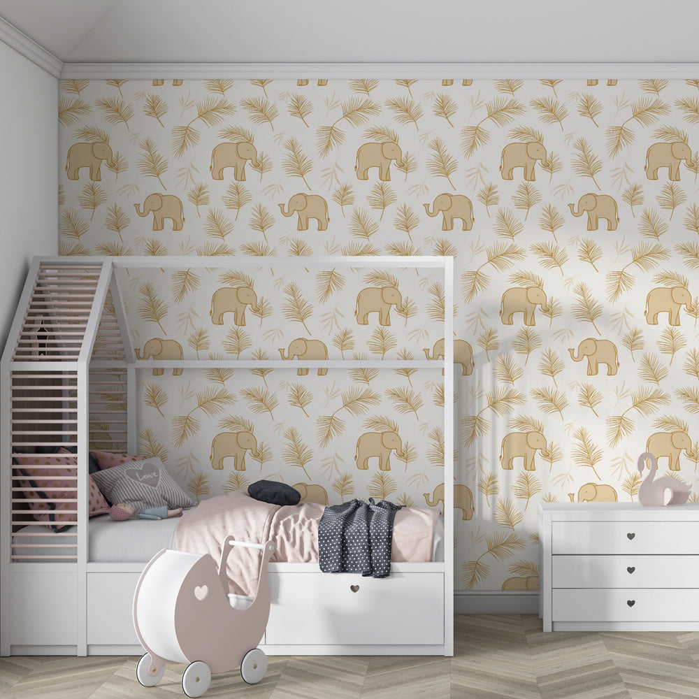 Safari elephant wallpaper in modern children's bedroom with natural wood furniture by Kids-Mundo