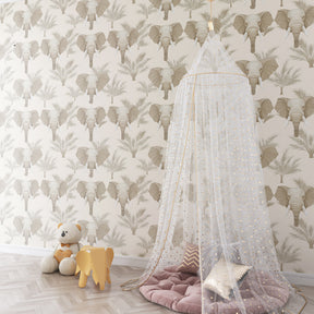 Majestic elephant wallpaper with palm trees decorating peaceful children's bedroom space