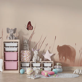 Misty meadow elephant wallpaper creating peaceful atmosphere in children's bedroom