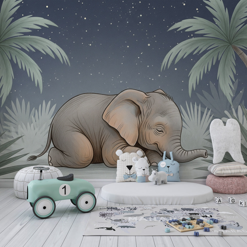 Safari elephant wallpaper in modern kids bedroom with soft gray and pastel tones by Kids-Mundo