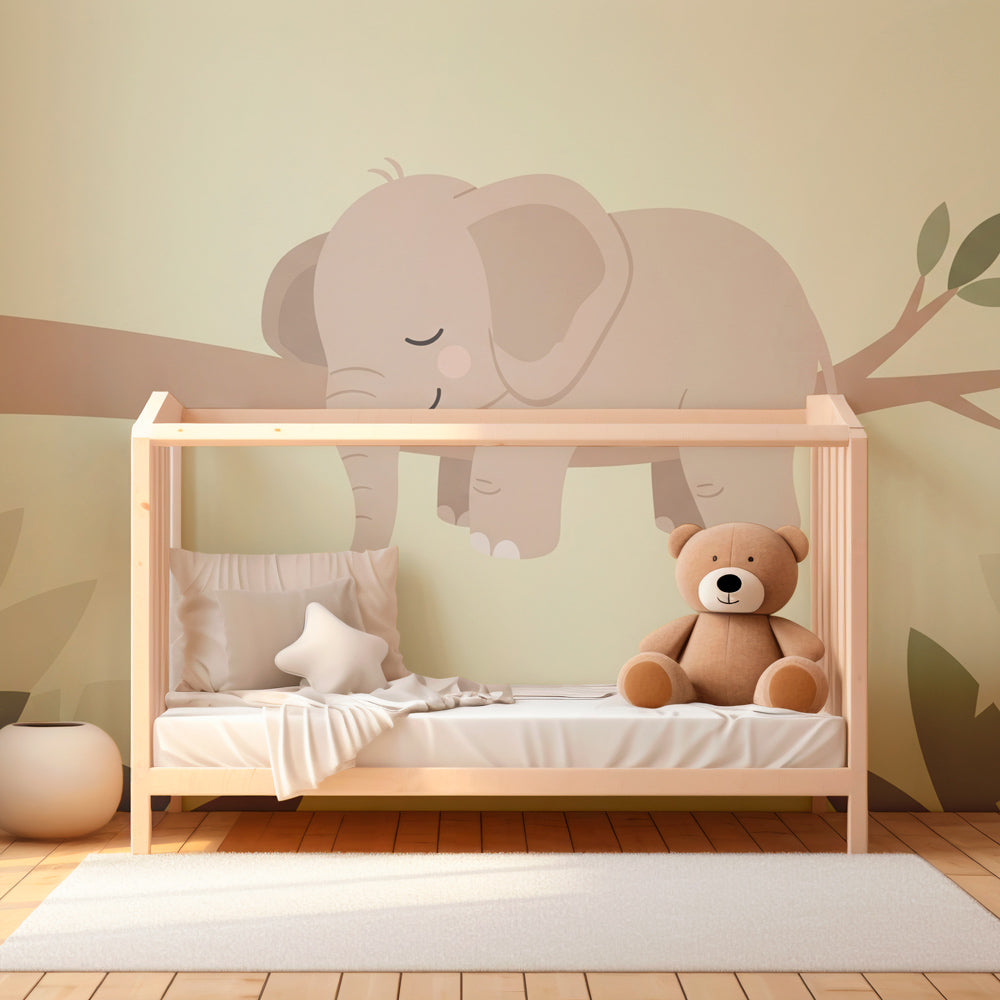 Baby elephant on branch wallpaper in cozy children's bedroom with wooden furniture by Kids-Mundo