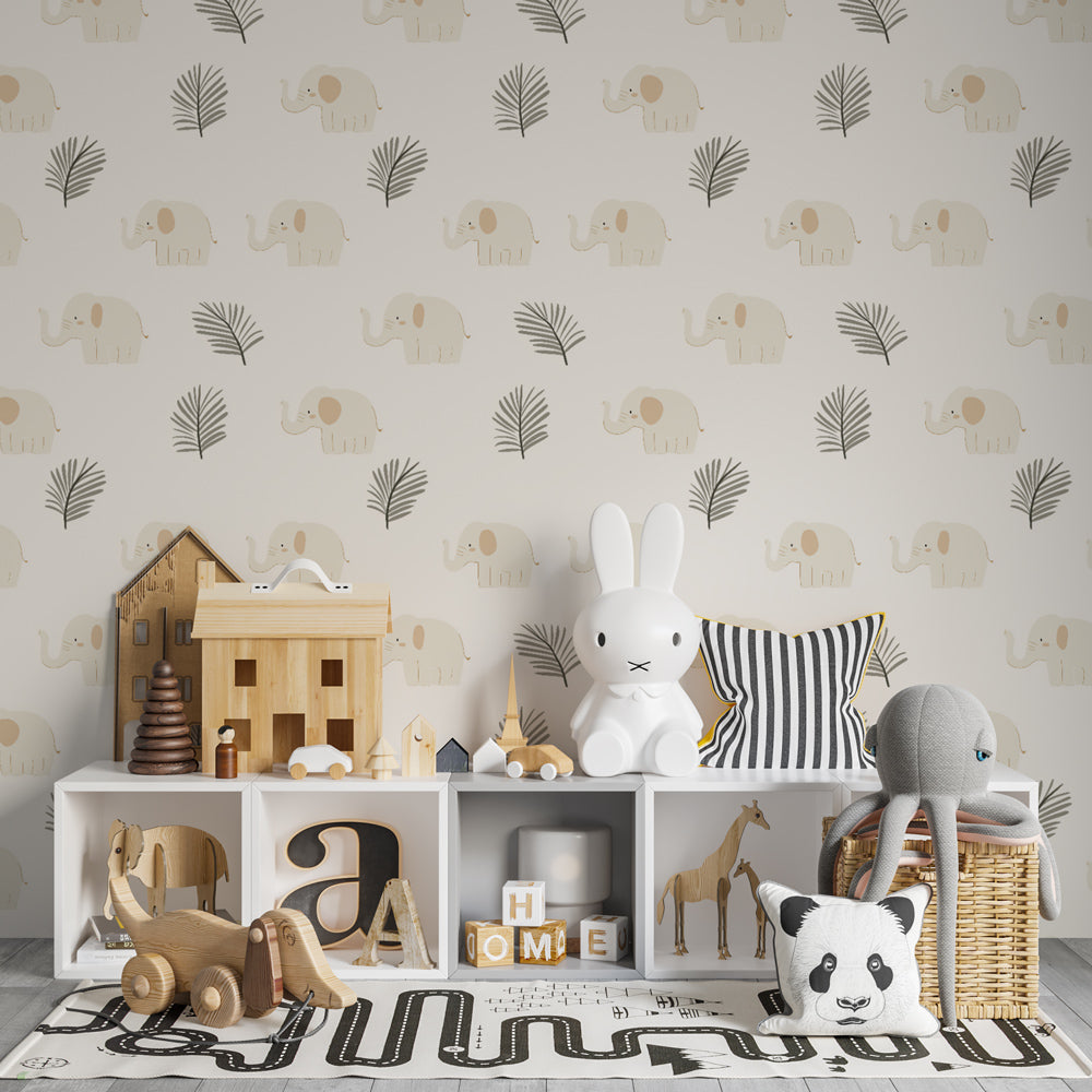 Elegant elephant mural wallpaper with butterflies and rainbow accents for children's room
