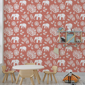Botanical elephant mural wallpaper for kids room featuring tropical leaves and wildlife motifs by Kids-Mundo
