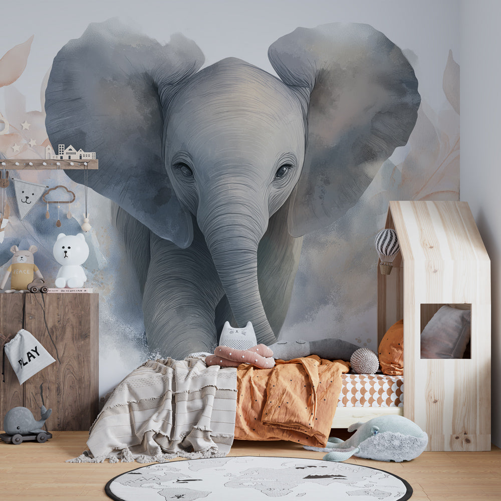 Elephant safari wallpaper creating calming atmosphere in modern children's bedroom decor