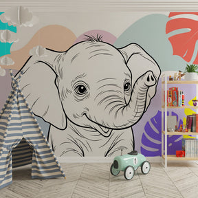 Cheerful elephant mural wallpaper with vibrant tropical foliage for kids room by Kids-Mundo