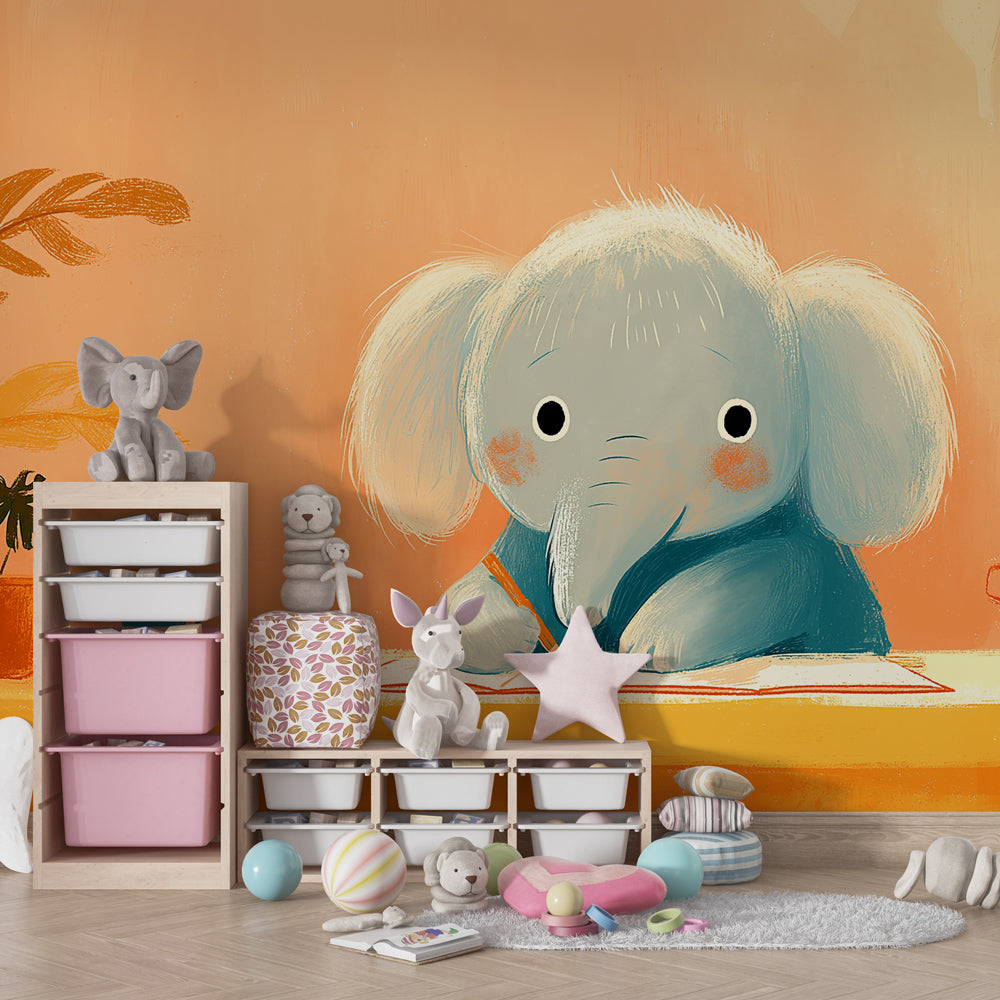 Elephant themed mural wallpaper transforming children's room into creative learning space