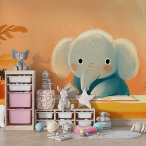 Elephant themed mural wallpaper transforming children's room into creative learning space