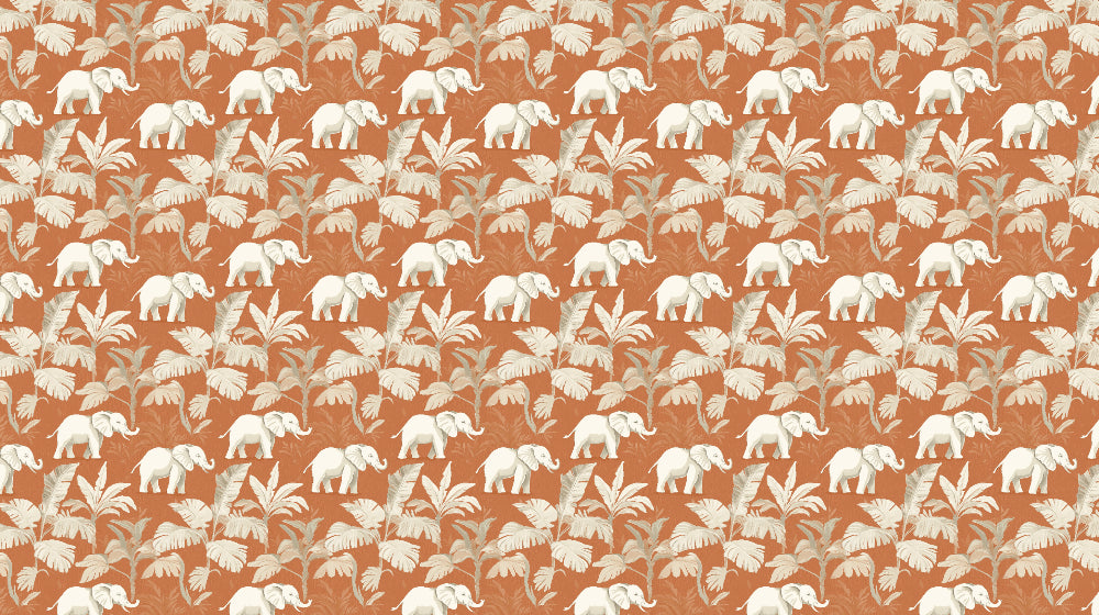 Detailed tropical elephant mural wallpaper design pattern with botanical leaves by Kids-Mundo