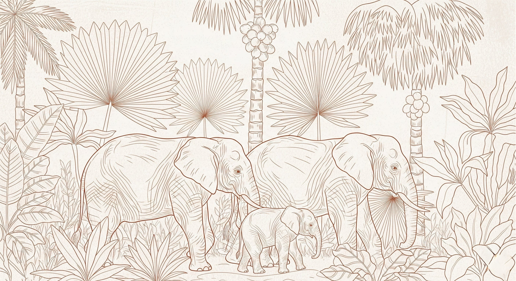 Detailed tropical elephant family mural wallpaper design pattern by Kids-Mundo