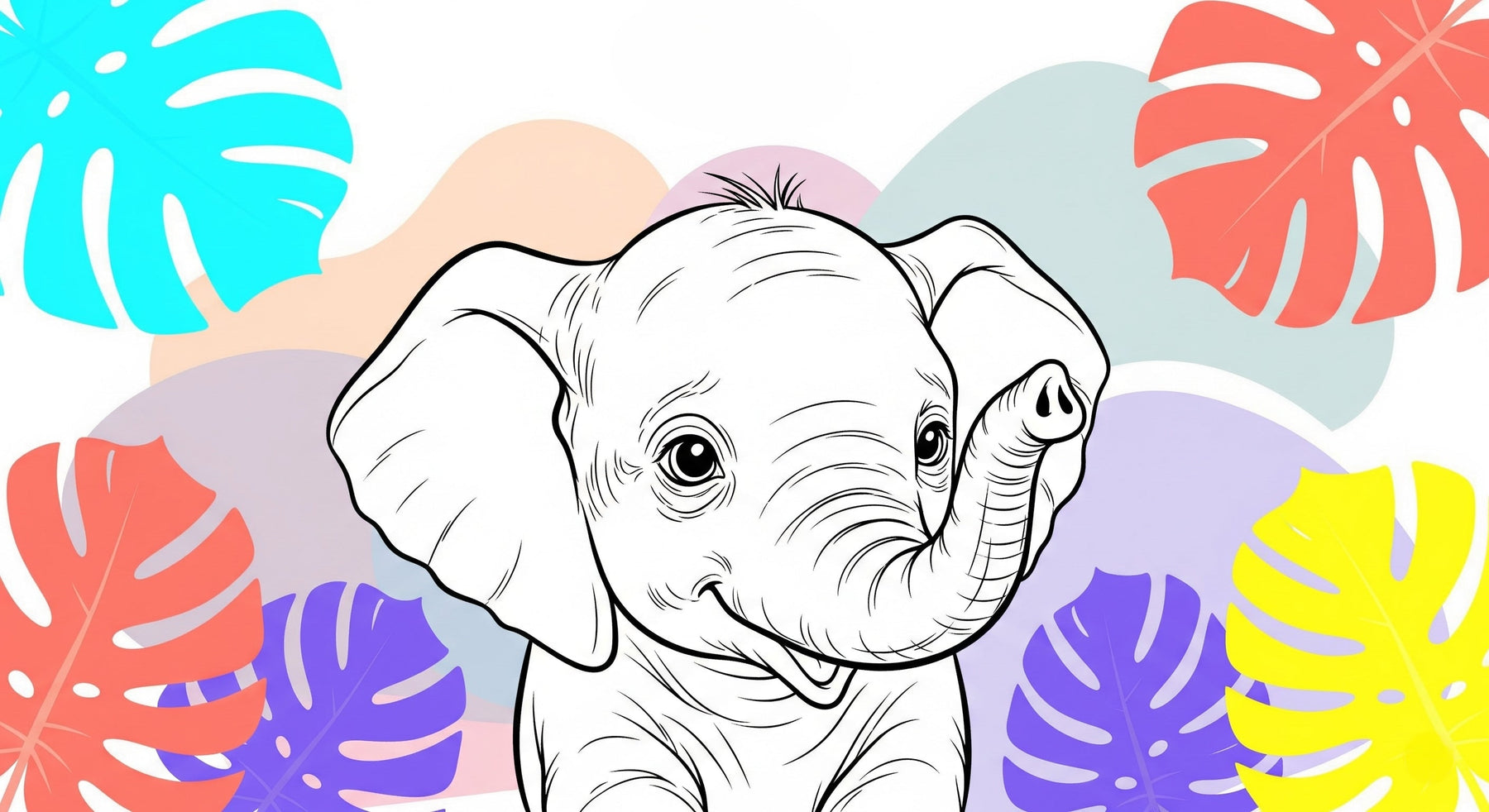 Detailed tropical elephant mural wallpaper design pattern with colorful jungle leaves by Kids-Mundo
