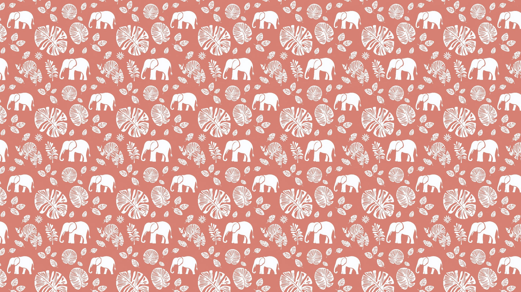 Detailed elephant mural wallpaper design pattern showing safari animals and tropical foliage on terracotta by Kids-Mundo