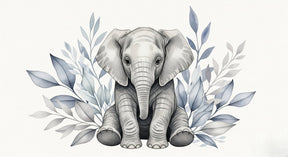 Detailed watercolor elephant mural wallpaper design pattern with botanical foliage by Kids-Mundo