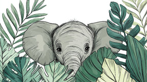 Detailed curious elephant among tropical foliage mural wallpaper design pattern by Kids-Mundo