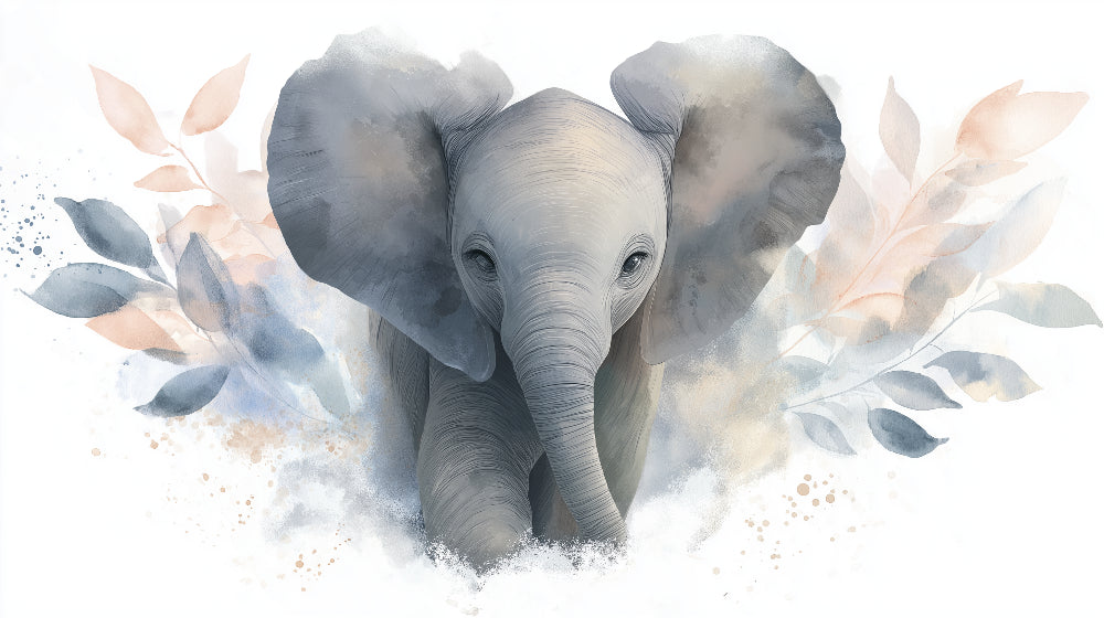Detailed elephant and botanical mural wallpaper design pattern with pastel colors by Kids-Mundo