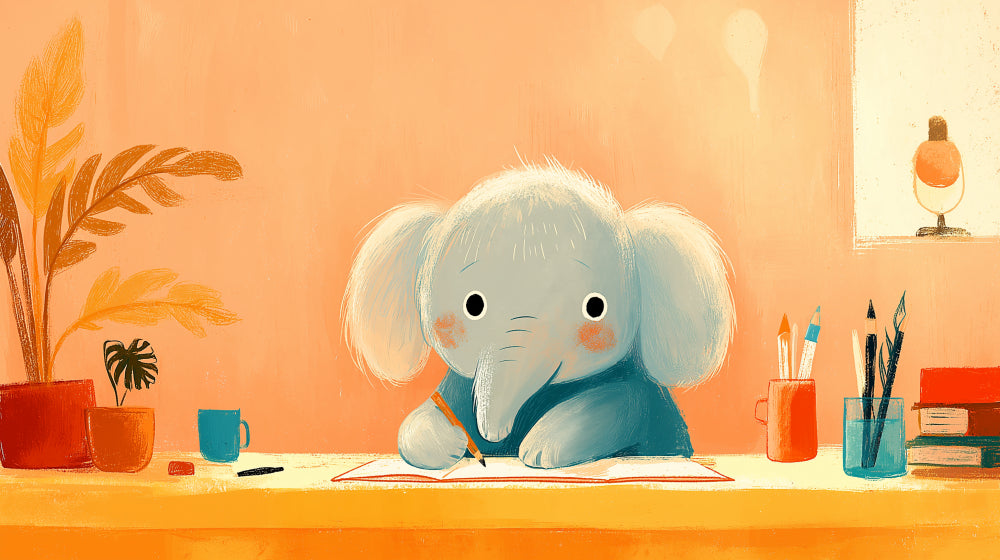 Detailed elephant artist mural wallpaper design pattern showing creative desk scene by Kids-Mundo