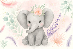 Detailed elephant with floral crown mural wallpaper design pattern by Kids-Mundo