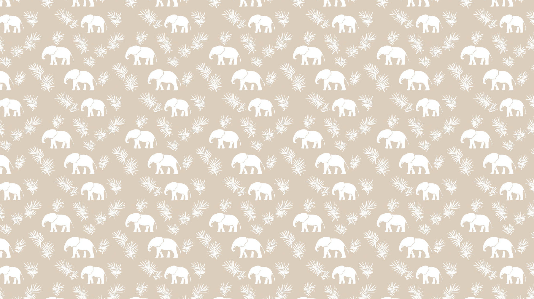 Detailed white elephant mural wallpaper design pattern with delicate foliage on beige background by Kids-Mundo