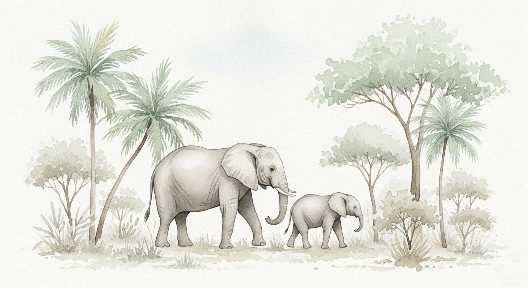 Detailed elephant family mural wallpaper design pattern with lush vegetation by Kids-Mundo