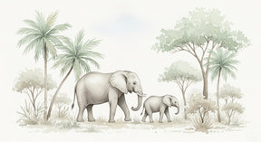 Detailed elephant family mural wallpaper design pattern with lush vegetation by Kids-Mundo