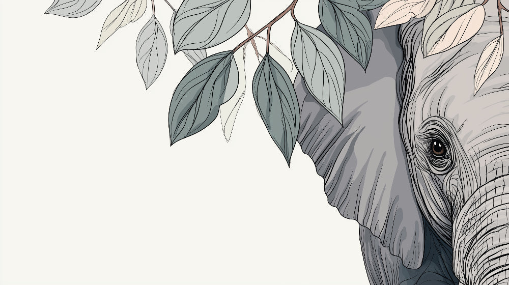 Detailed elephant and botanical leaves mural wallpaper design pattern by Kids-Mundo