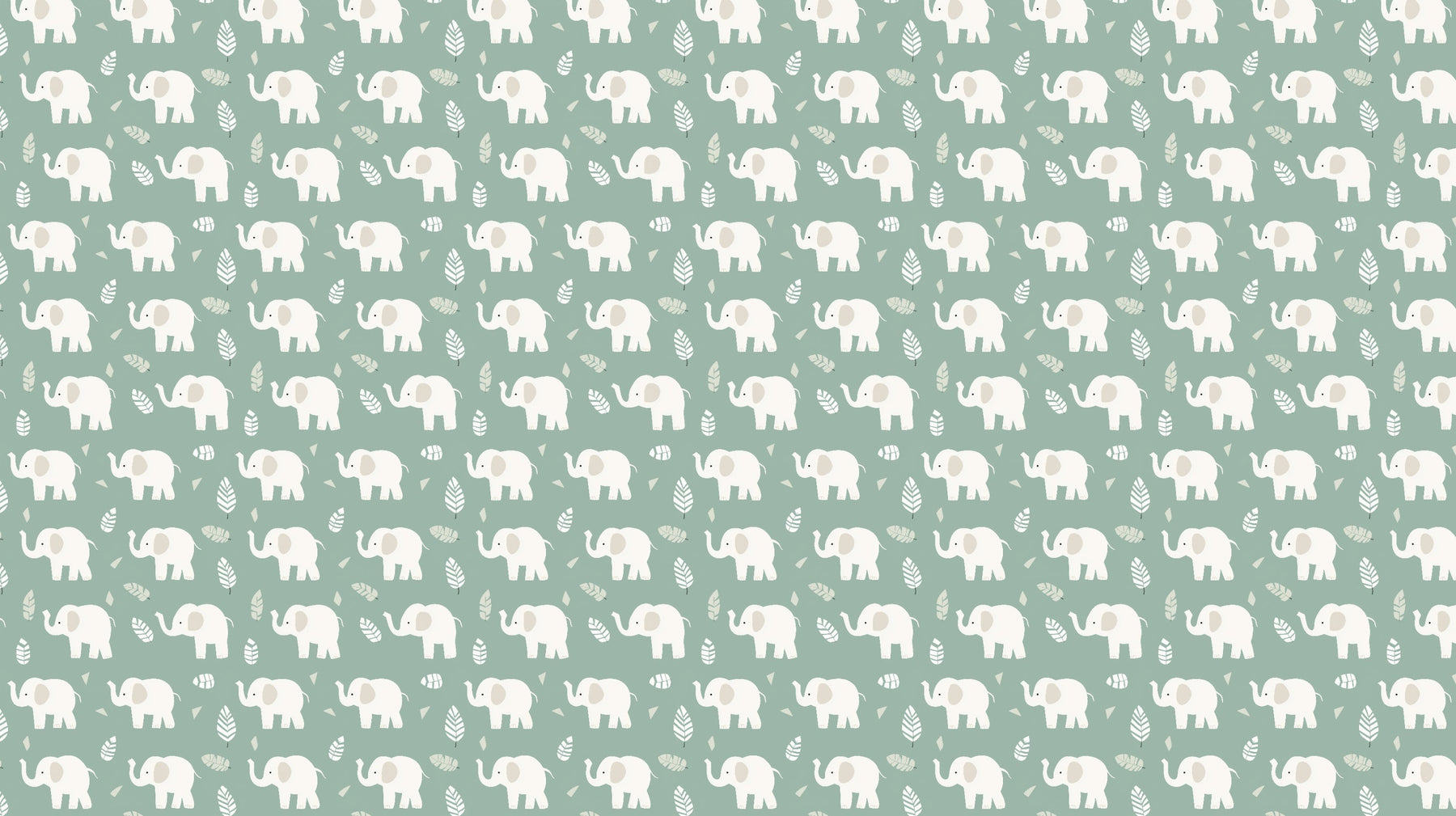 Detailed elephant mural wallpaper design pattern with white elephants on soft green background by Kids-Mundo