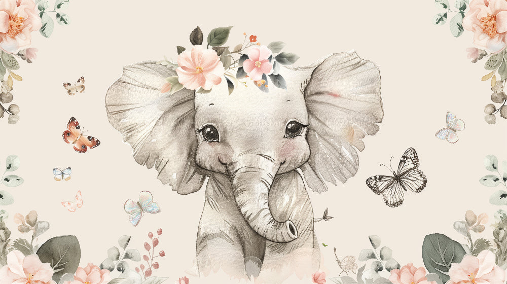 Detailed elephant and butterfly floral mural wallpaper design pattern by Kids-Mundo