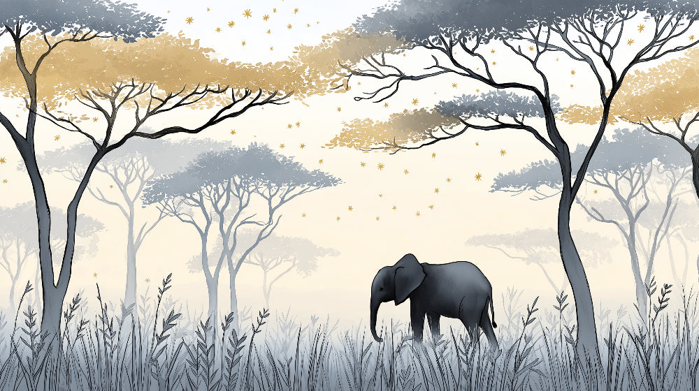 Detailed elephant under stars mural wallpaper design pattern with golden acacia trees by Kids-Mundo