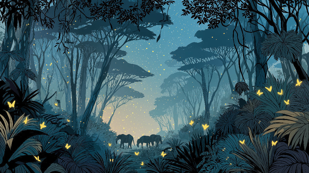 Detailed elephant mural wallpaper design pattern showing magical tropical forest with fireflies by Kids-Mundo